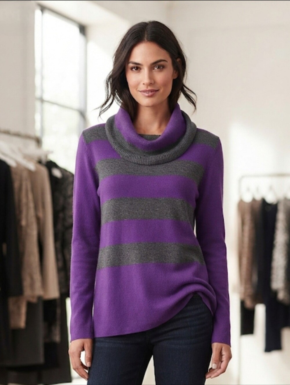 Apt 9 Cowl Neck Purple & Gray Striped Knit Sweater Women's Size XL